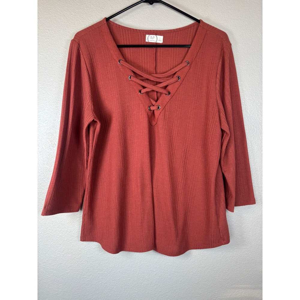 Maurices 24/7 Rust Waffle Knit Lace Up V-Neck Top Womens Large 3/4 Sleeve